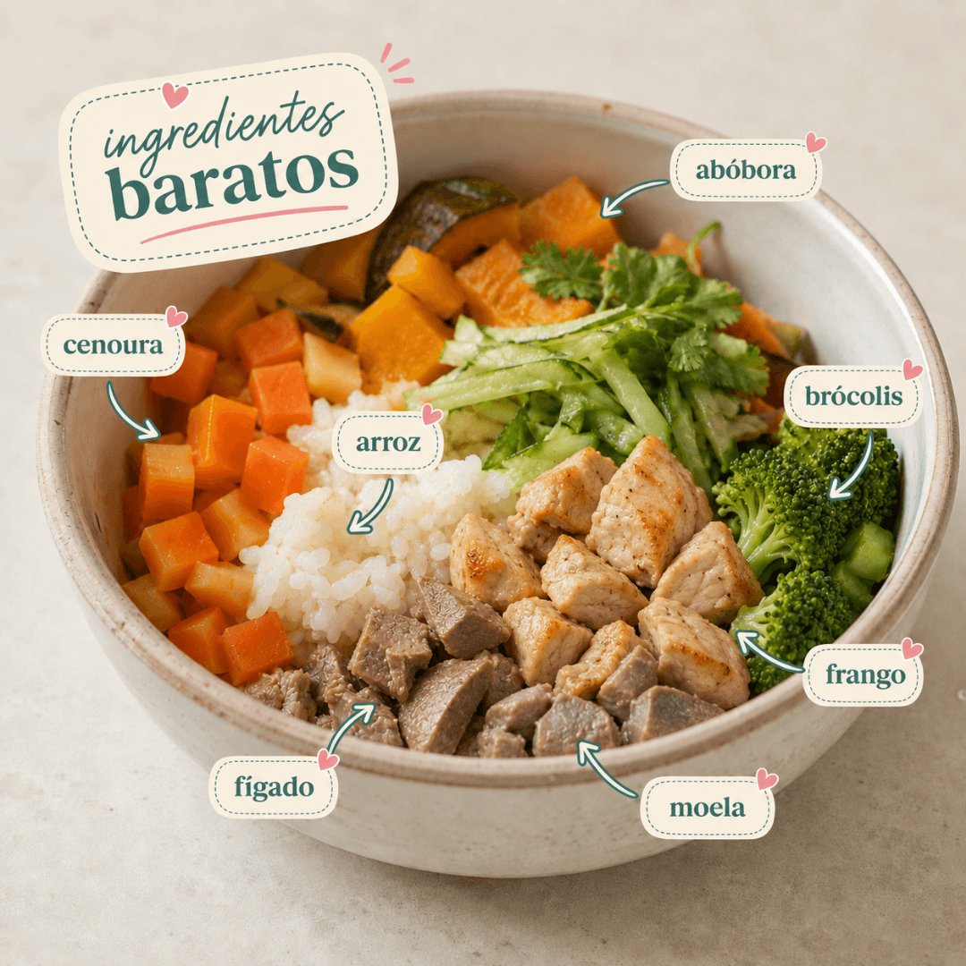 tigela com ingredientes baratos e de verdade: cenoura, abóbora, arroz, fígado, frango, brócolis