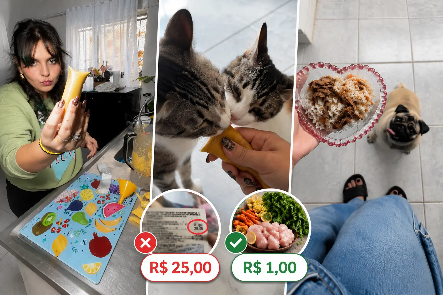 Helena mostrando comida natural, gatos comendo e prato em formato de coração com refeição natural